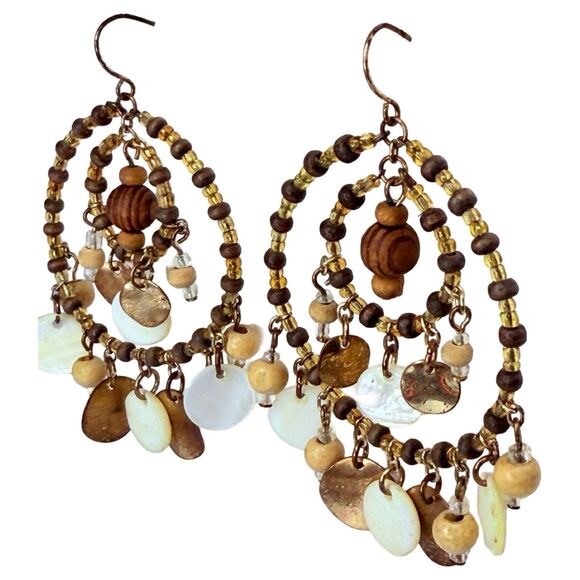 Native Style Beaded Dreamcatcher Hoop Earrings Gold Tone Large Shell , 3.5" - Picture 4 of 9